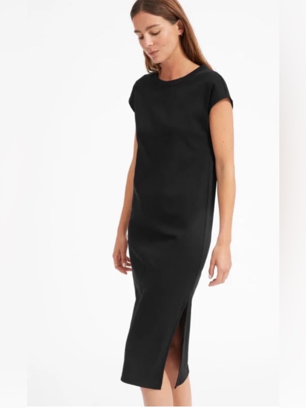 EVERLANE Luxe cotton side slit cotton dress, dark navy, size medium